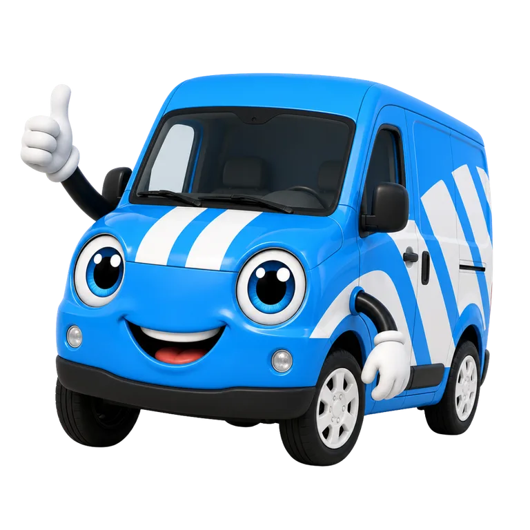 Vinny, de mascotte van Auto-Belettering.be, steekt zijn duim omhoog