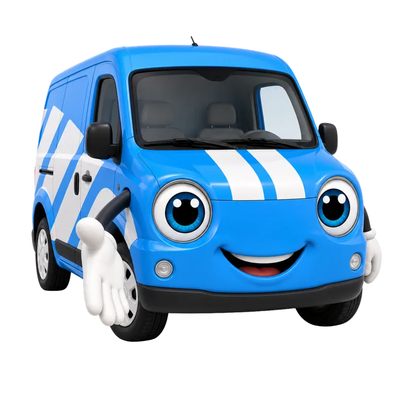 Vinny, de mascotte van Auto-Belettering.be, steekt zijn hand uit