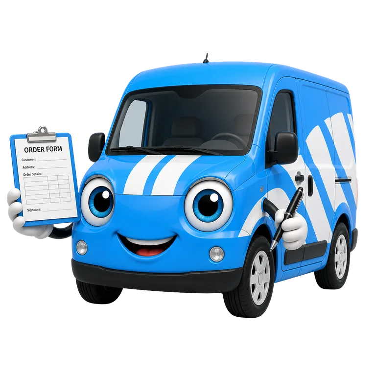 Vinny, de mascotte van Auto-Belettering.be, met een offerte