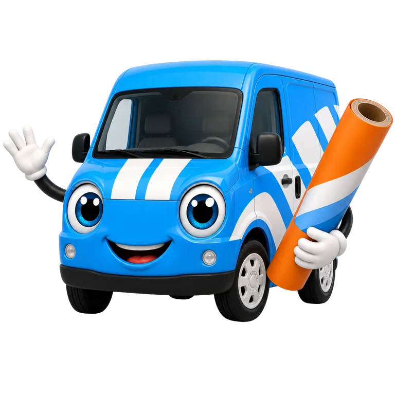 Vinny, de mascotte van Auto-Belettering.be, met een rol vinylfolie