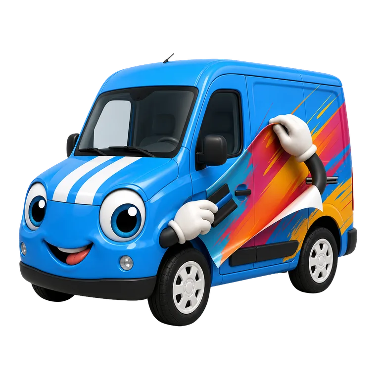 Vinny, de mascotte van Auto-Belettering.be, met stickers